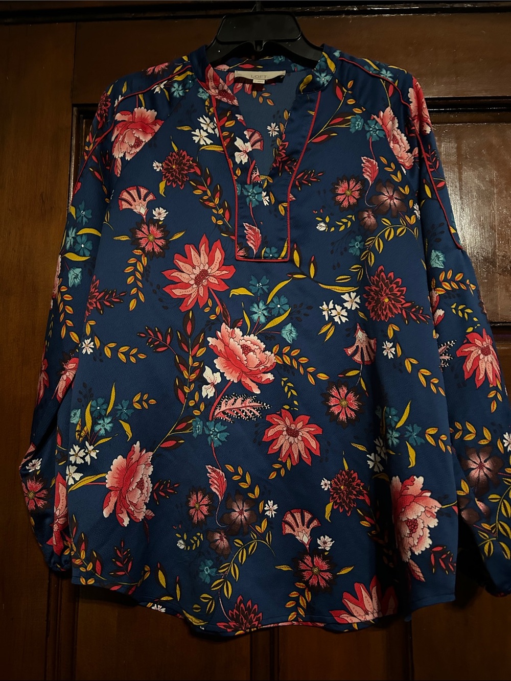LOFT Navy Floral Split-Neck Blouse with Pink & Coral Blooms